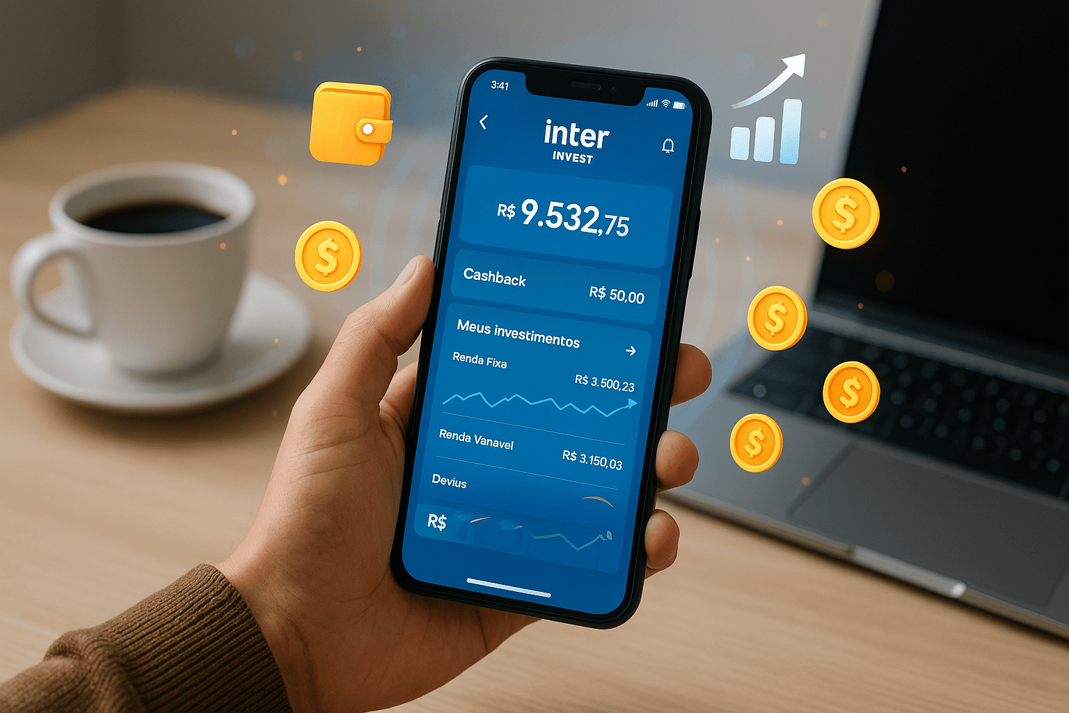 Aplicativo Inter Invest mostrando saldo com rendimento crescente e cashback ativo
