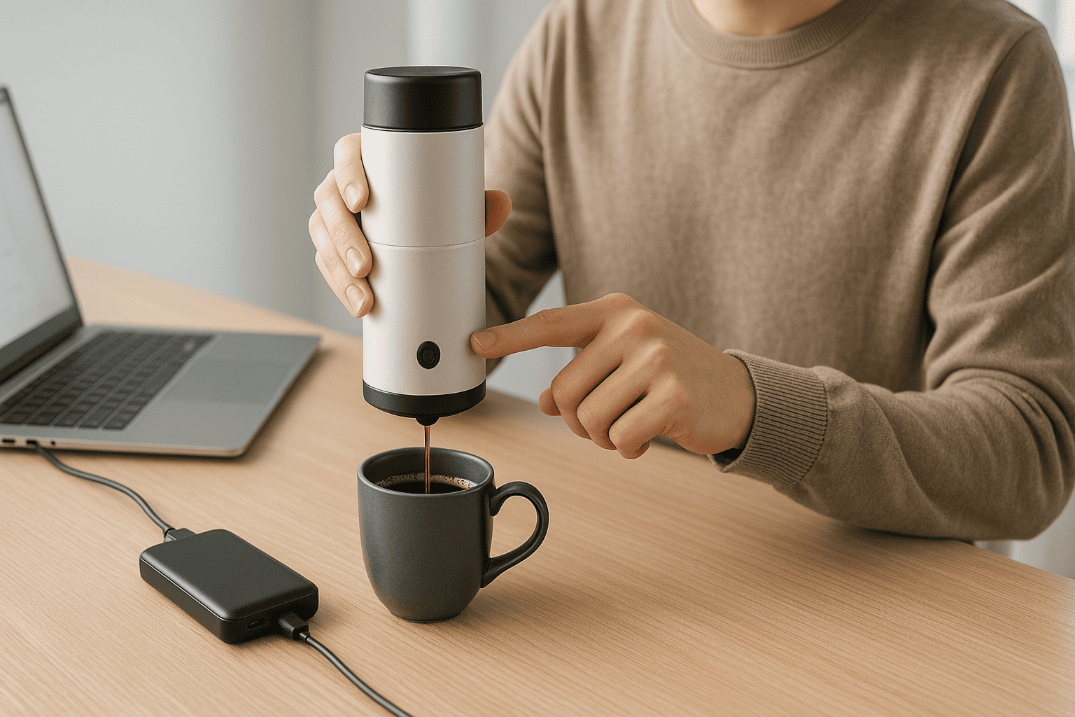 Cafeteira portátil USB sendo usada em mesa de trabalho com notebook e power bank