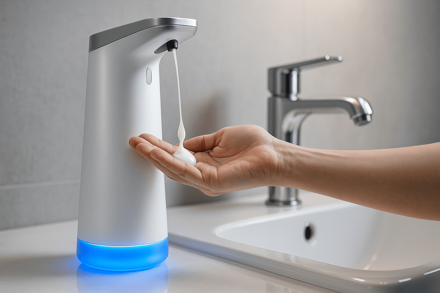 Dispenser automático com sensor liberando sabonete em banheiro moderno com LED azul aceso