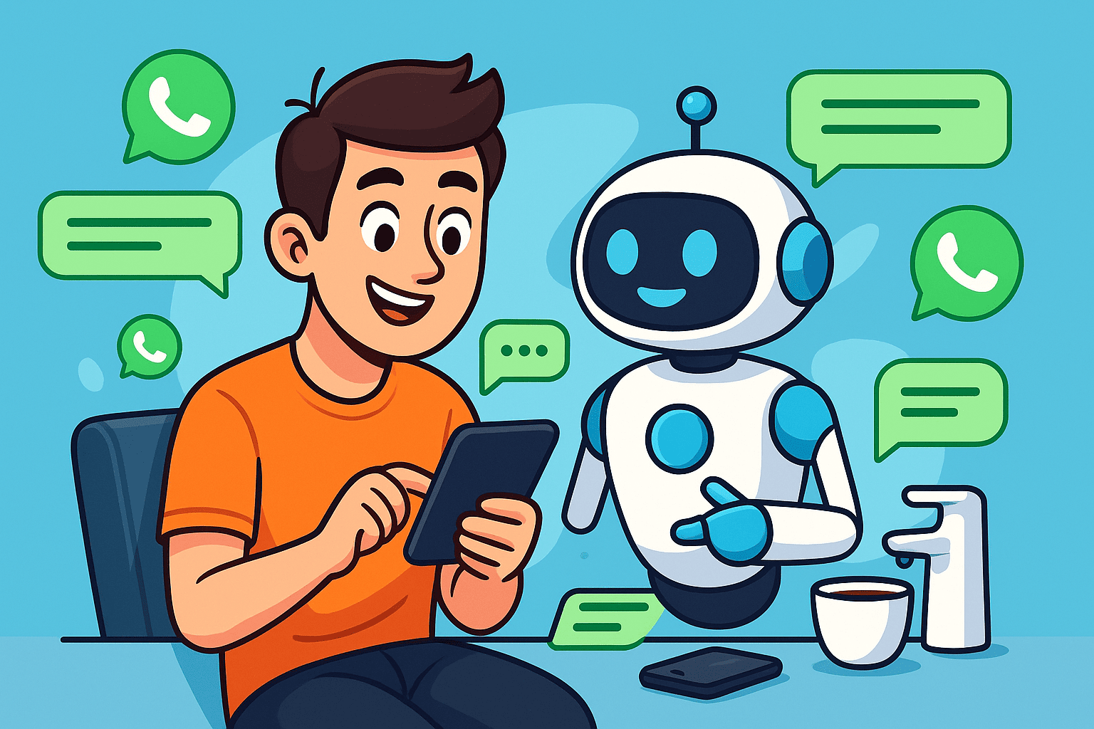 Ilustração divertida com robô enviando respostas automáticas no WhatsApp