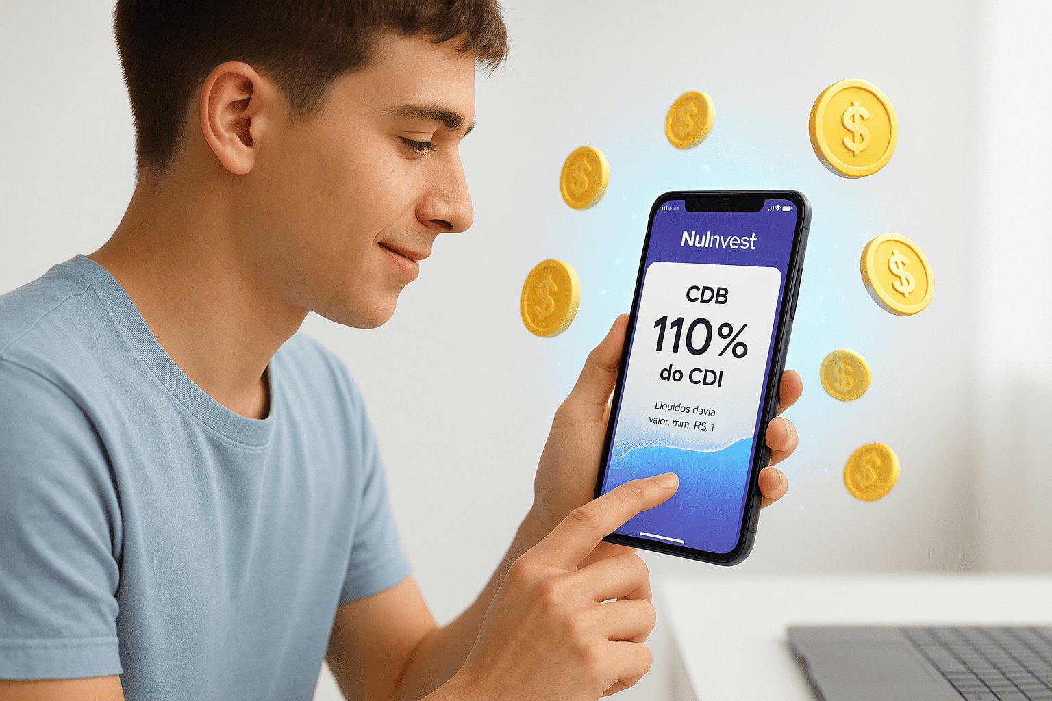 Investidor iniciante usando o app NuInvest com rendimentos visíveis e interface intuitiva