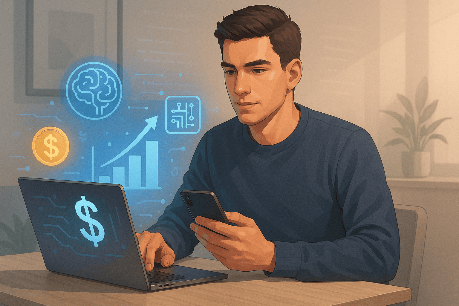 Jovem usando inteligência artificial para construir riqueza em 2025 com tecnologia e visão de futuro