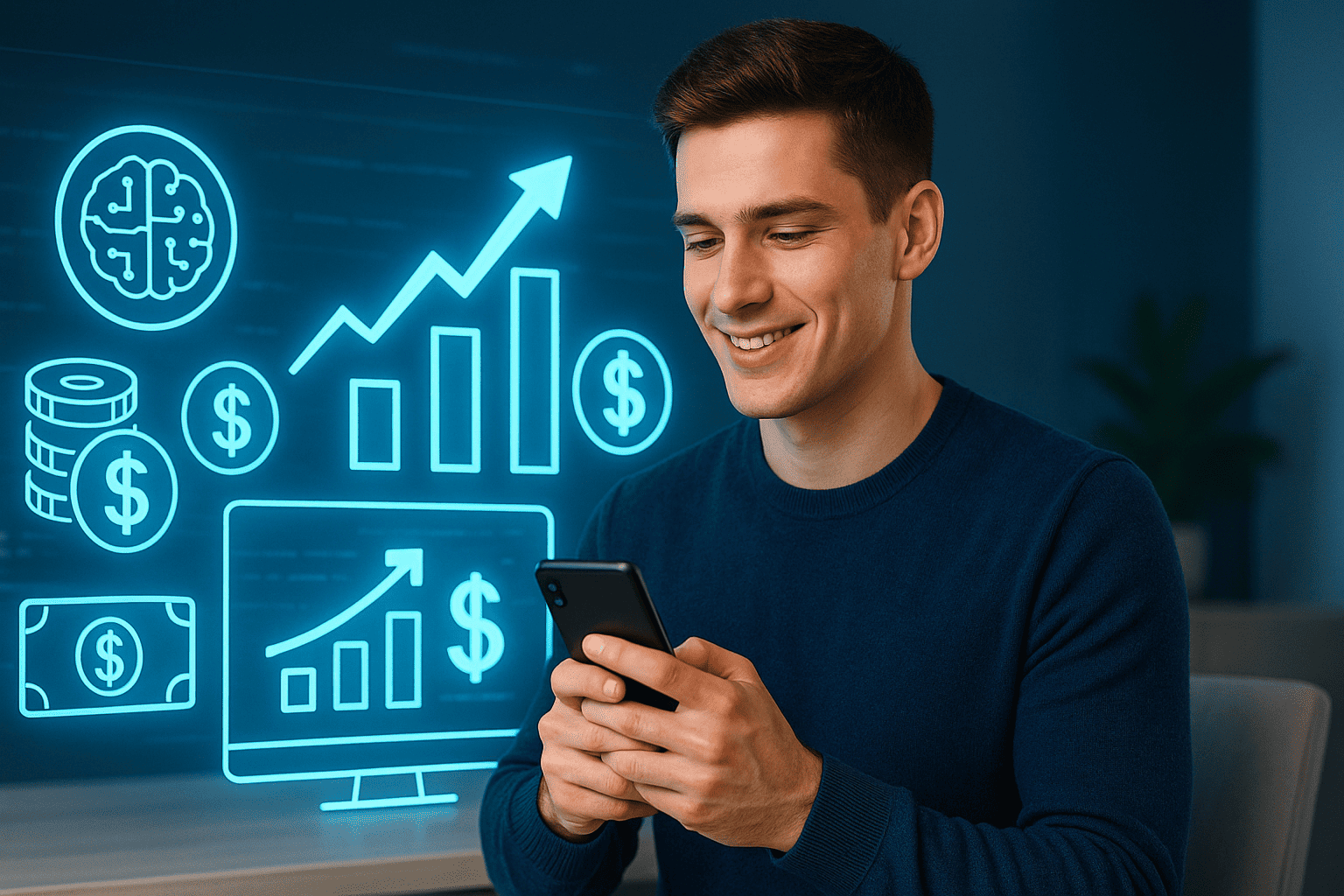 Jovem usando o celular com gráficos de investimentos e inteligência artificial ao fundo, simbolizando crescimento financeiro em 2025