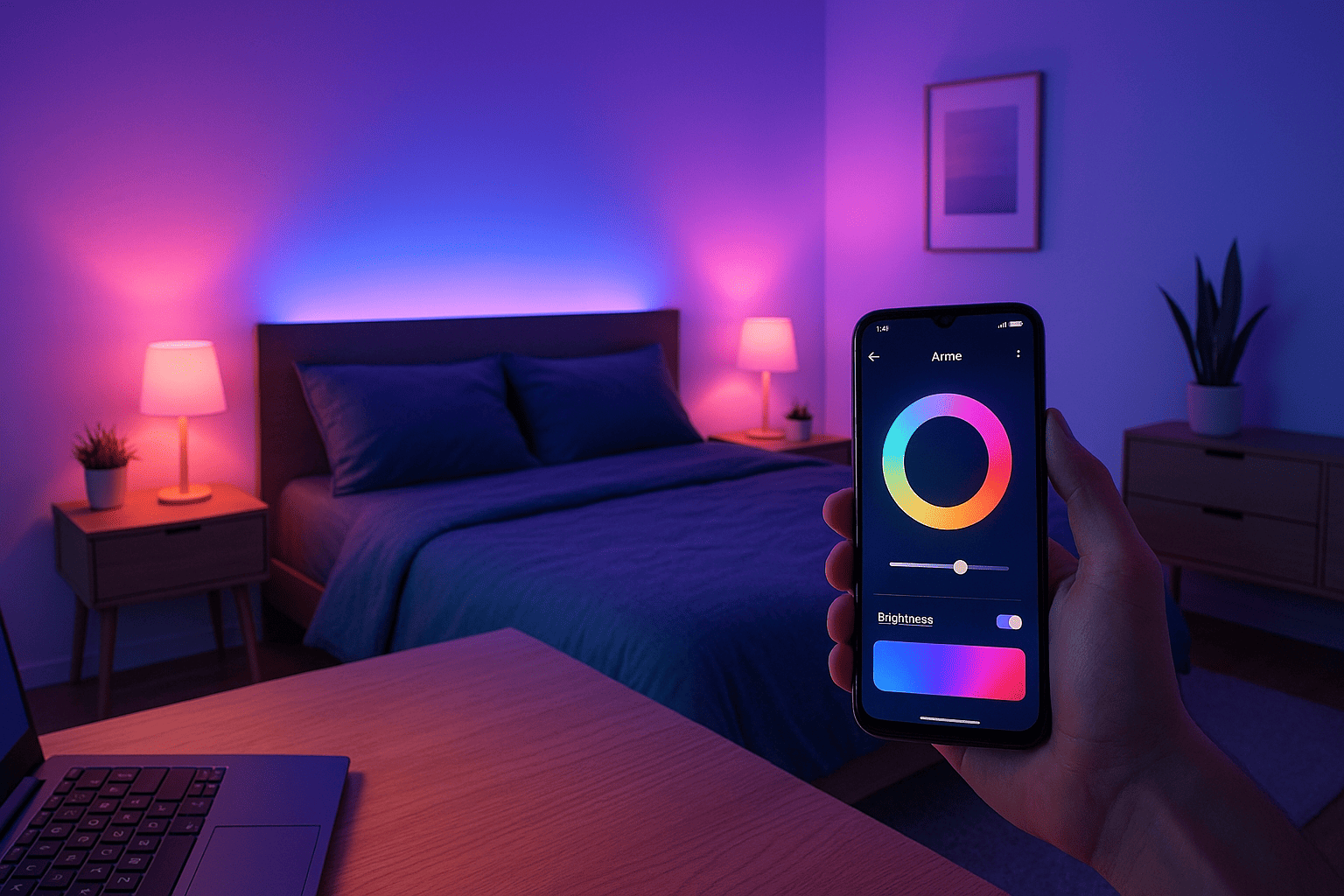 Lâmpada inteligente RGB mudando cores no quarto controlada por app no celular