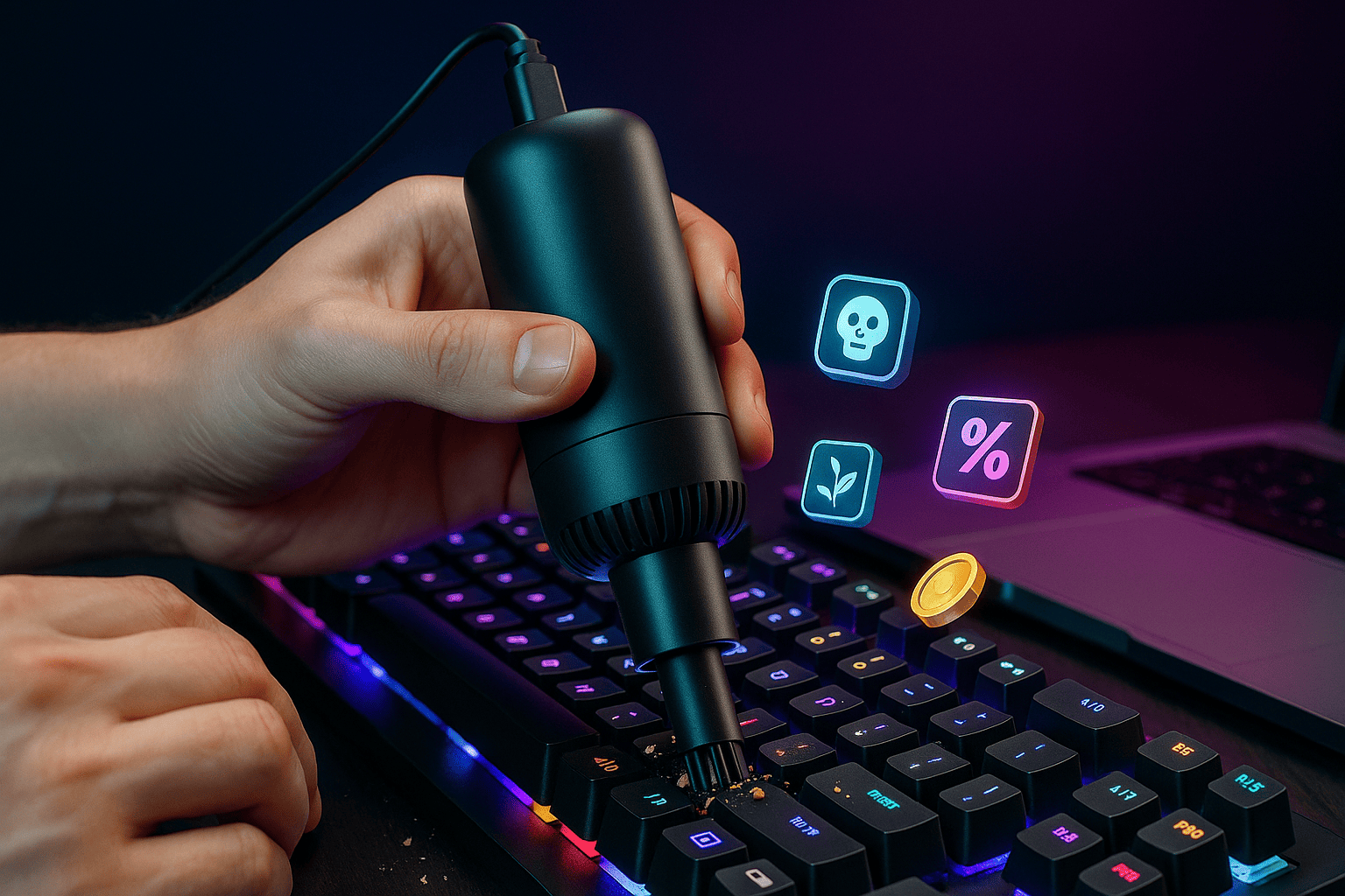 Mini aspirador portátil USB limpando teclado iluminado em ambiente moderno