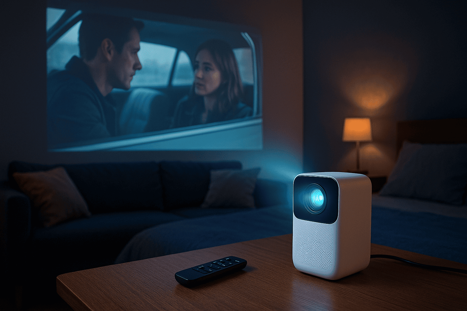 Mini projetor portátil exibindo filme em parede branca dentro de quarto escuro aconchegante