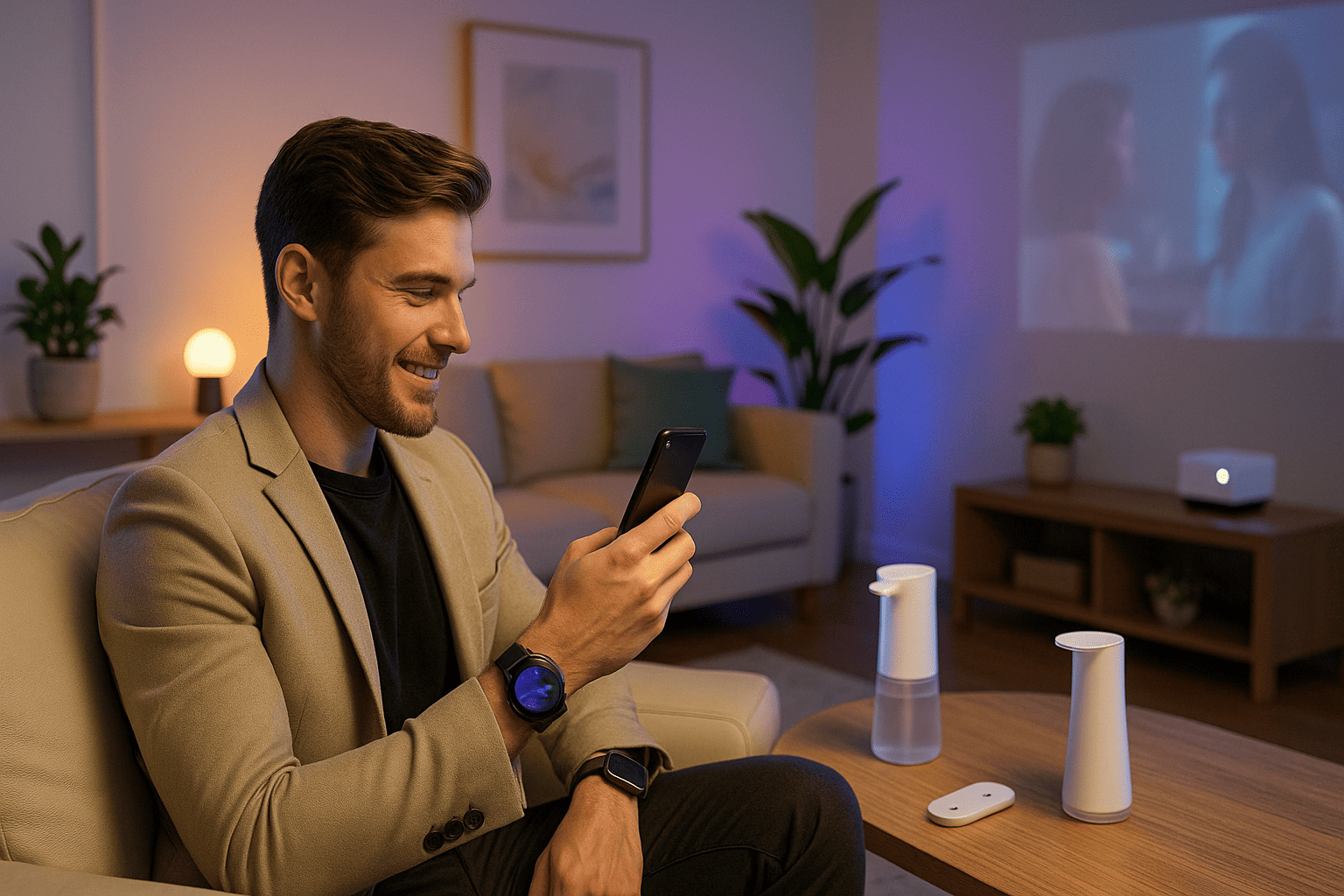 Pessoa com aparência de rica usando produtos tecnológicos acessíveis em ambiente moderno e luxuoso