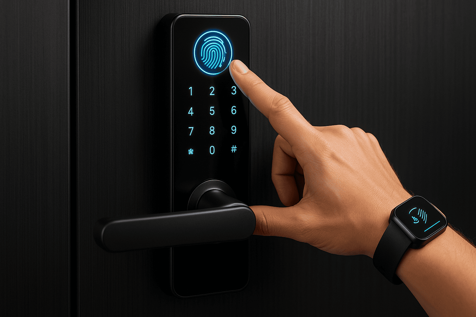 Pessoa desbloqueando porta com trava digital por impressão digital com LED aceso