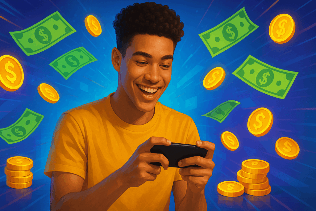 Pessoa jogando no celular e ganhando dinheiro em 2025 com apps que pagam via Pix