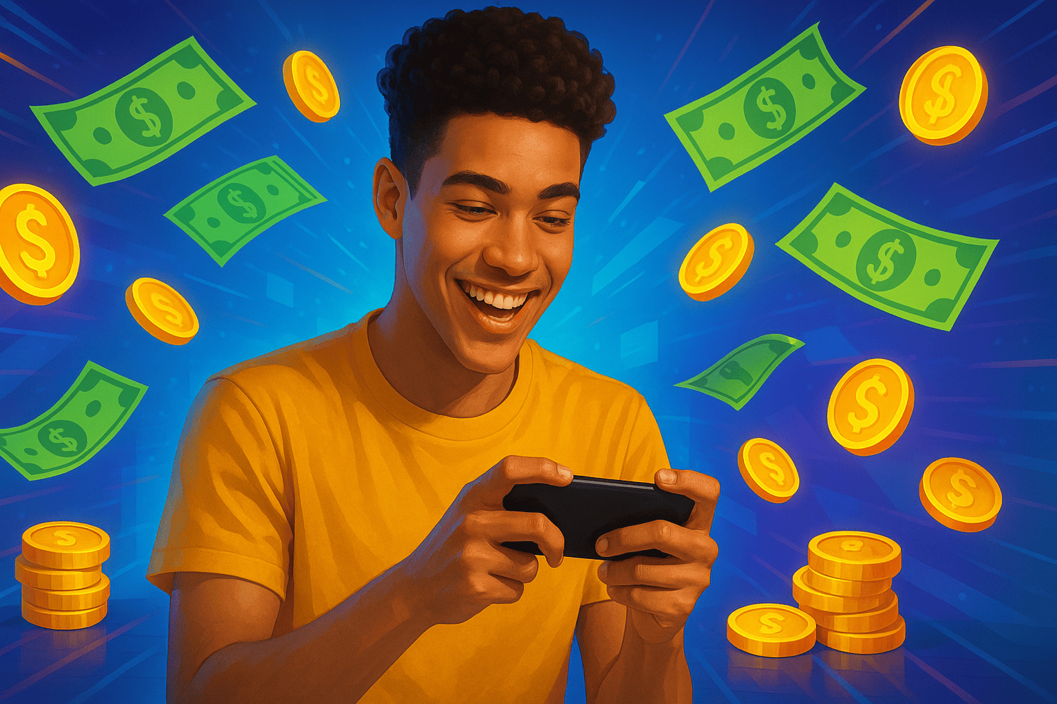 Pessoa jogando no celular e ganhando dinheiro em 2025 com apps que pagam via Pix