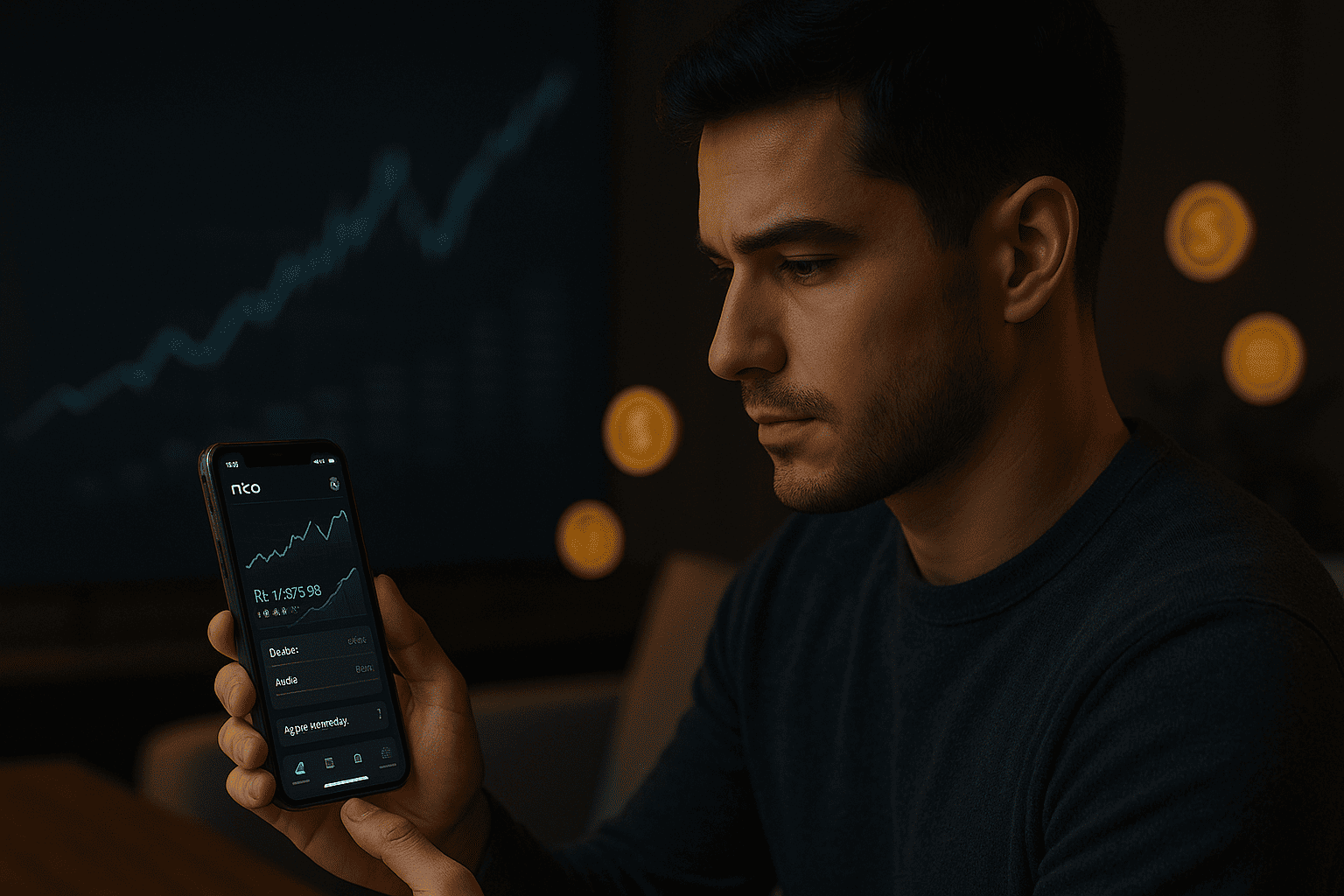 Usuário analisando investimentos na Rico com gráficos e ativos variados em 2025