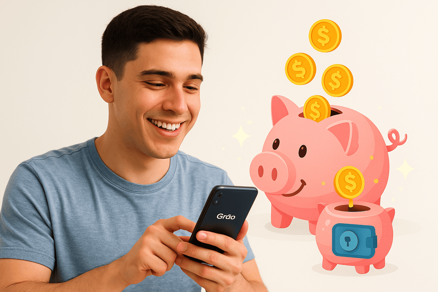 Usuário feliz investindo pequenos valores diariamente com o Grão App