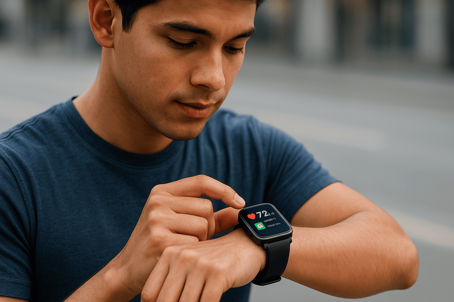 Smartwatch no pulso exibindo batimentos cardíacos e mensagens em ambiente urbano