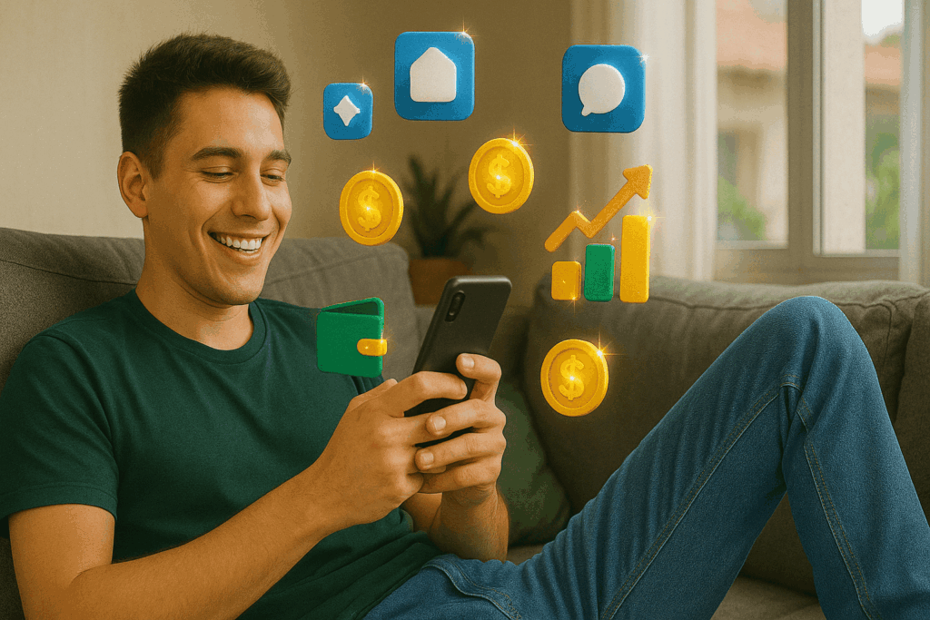 Jovem usando celular no sofá enquanto ganha dinheiro testando aplicativos, com ícones de renda flutuando ao redor