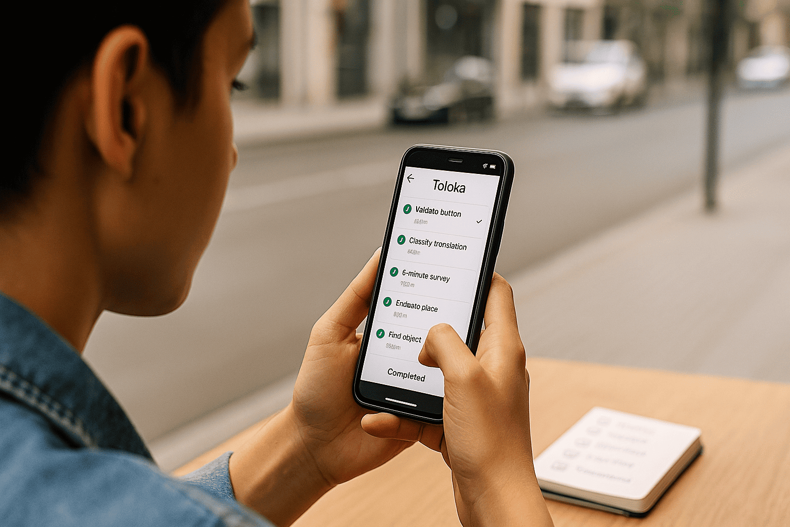 Pessoa usando o app Toloka para completar tarefas curtas enquanto se locomove pela cidade