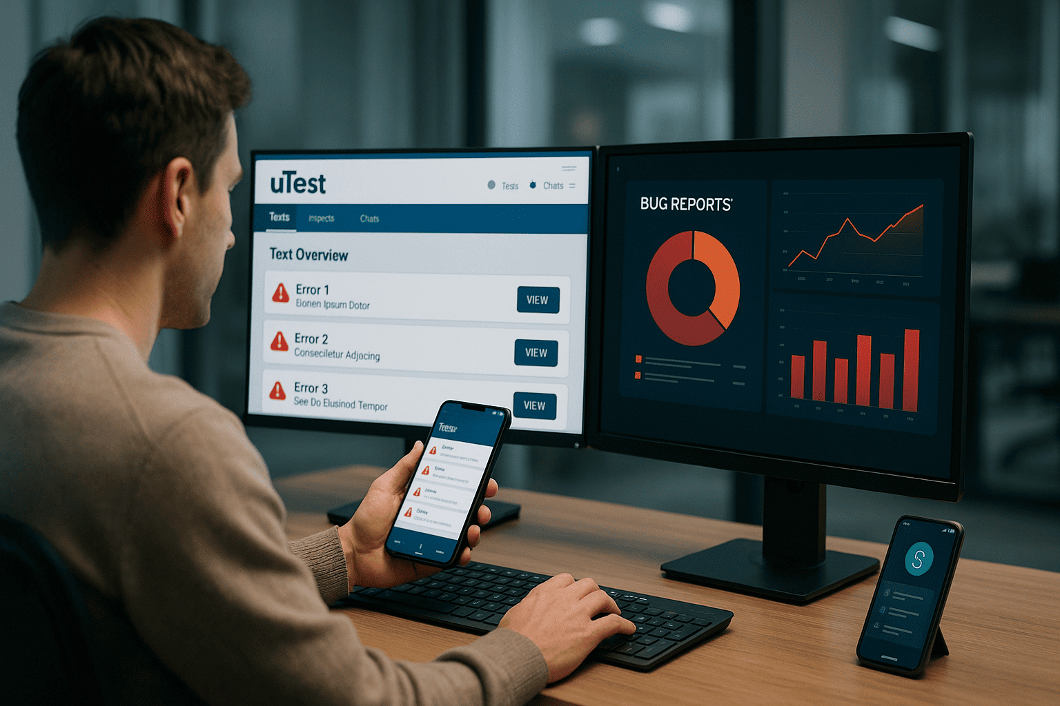 Profissional testando apps com relatórios técnicos e usando o painel do uTest no computador