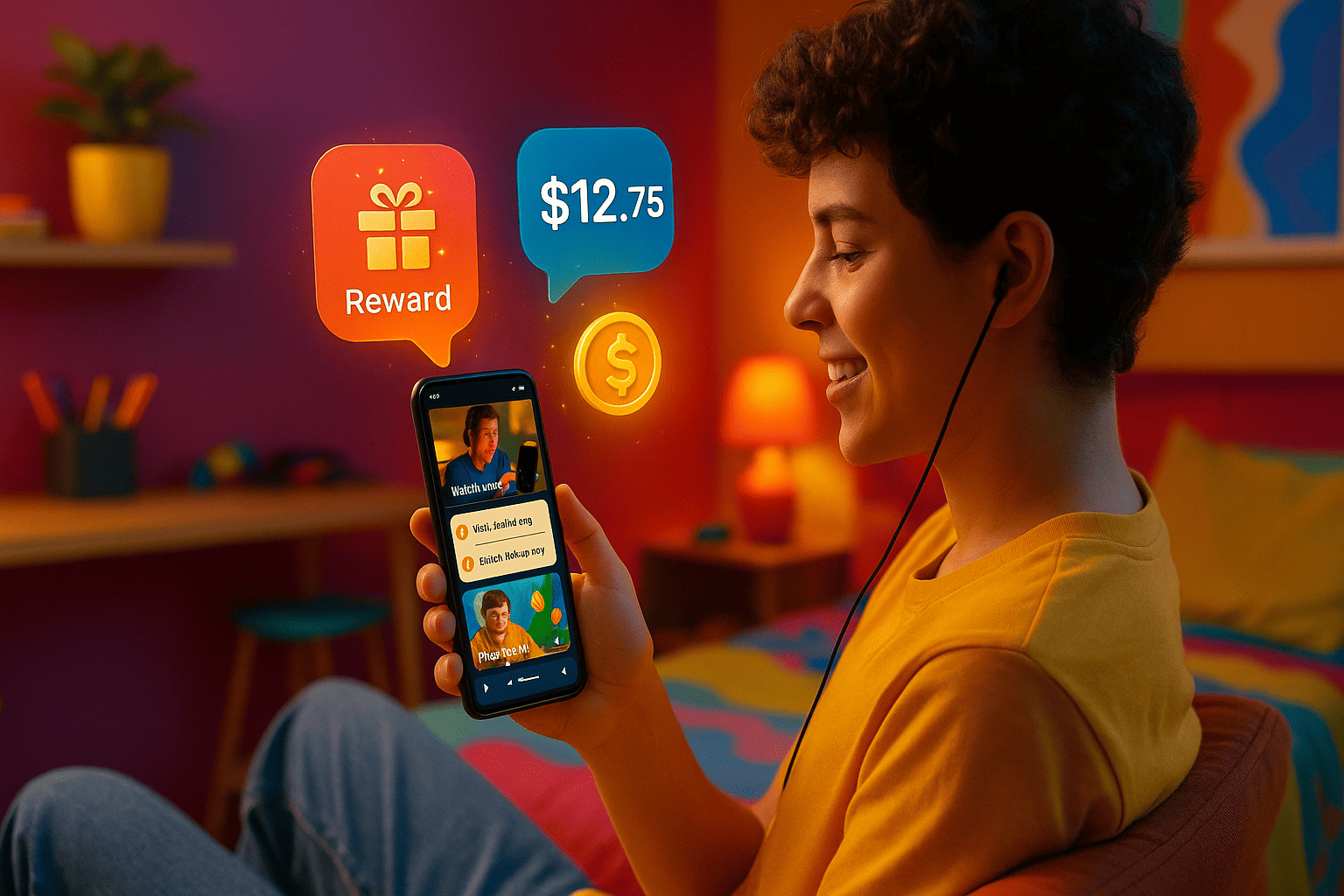 Usuário usando o app Timebucks para ganhar dinheiro com vídeos, jogos e tarefas