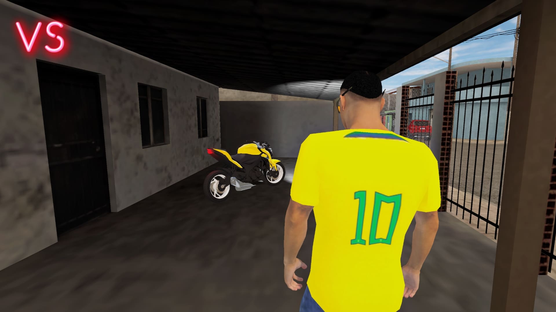 PERSONAGEM OLHANDO SUA MOTO NA GARAGEM